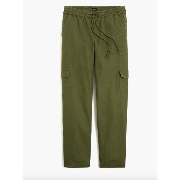 J.Crew Linen Blend Cropped Cargo Pant Drawstring Straight Green Ankle US 12 NWT - Picture 1 of 12